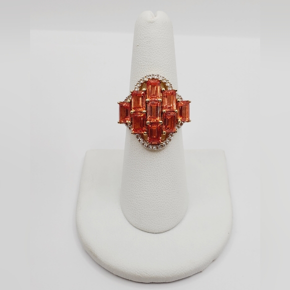 Genuine Padparadscha Sapphire & Topaz Yellow Gold / 925 Sterling Silver Ring - Picture 6 of 7
